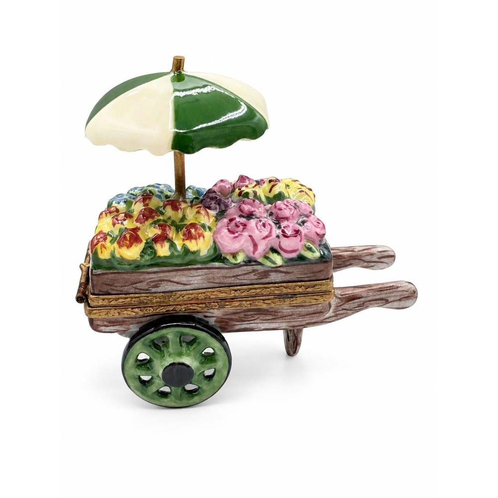 Limoges Peint Main Flower Cart Trinket Box Rare Green Umbrella